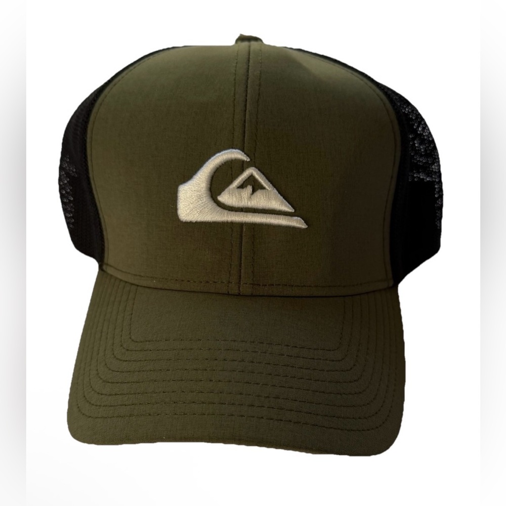 Quicksilver Fitted Trucker Hat Mesh Back Logo Army Green 3D Cap surfer beach y2k
